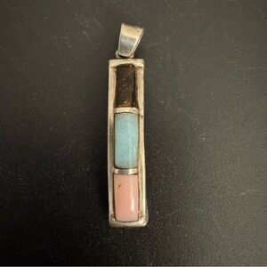 Sterling Silver Southwestern Inlay Pendant Turquoise Coral Jasper Vertical Bar